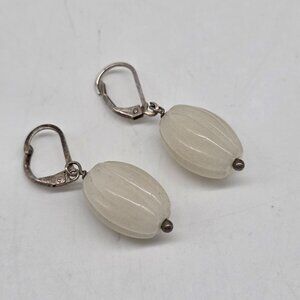 Vintage Sterling Silver Drop Earrings White Agate Ribbed Beads 1.25"